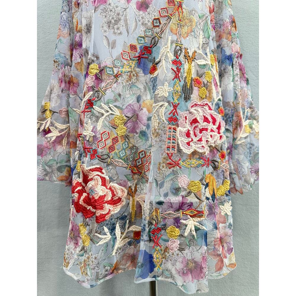 Johnny Was Biya Flora Dancer Mesh Top Floral Embroidered Blouse Medium - Picture 5 of 13